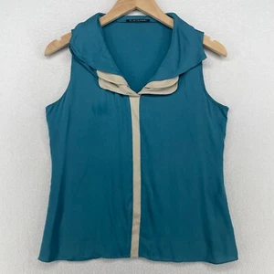 ELIE TAHARI Top S Silk Stretch Charmeuse Satin Collared Sleeveless Blue - Picture 1 of 15