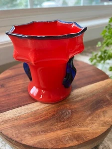 Tango Czech Blown Art Glass Vintage Red Vase w/ Applied Blue Leaf Handles - Picture 1 of 12