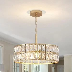 Farmhouse 5-Light Crystal Chandeliers,Drum Shade Semi Flush Mount Lighting - Picture 1 of 22