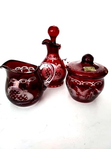 VINTAGE CUT TO CLEAR RUBY RED BOHEMIAN  CREAMER ,Sugar,Lid,Cruet,Edgermann - Picture 1 of 7