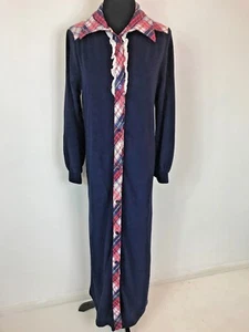 Accappatoio junior JCPenney blu navy rosso bordo colletto a quadri taglia M vintage anni 70 DS6 - Foto 1 di 11