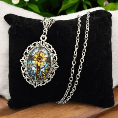 Mosaic Cross Sunflower Potrait Cabochon Silver Glass Dome Victorian Necklace NEW - Image 1 of 3