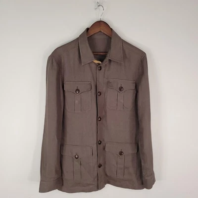 Massimo Dutti Jacket Mens Medium Brown Linen Utility Safari Chore Shirt Coat - Image 1 of 4