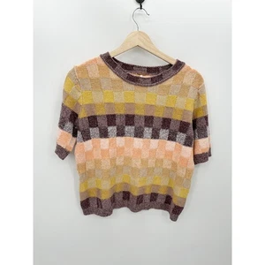 Free People geometrischer Kurzarm Chenille Pullover 60er Disco Rave Damen Small - Bild 1 von 9