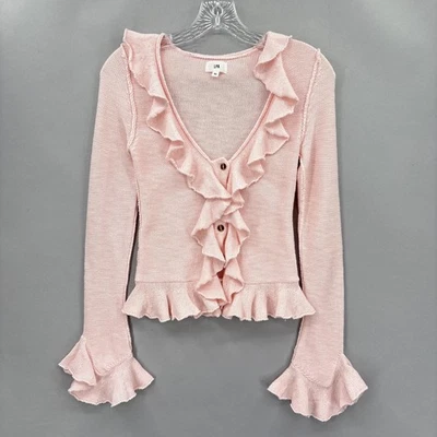 LPA Sweater Cardigan Womens XS Pink Long Sleeve Ruffle Cotton Silk Button Front - Image 1 of 4