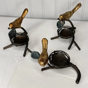 3 Vintage Bird Nest Bronze Brass Iron Bird Flowers Tea Light Candle Holder MCM - Picture 1 of 9