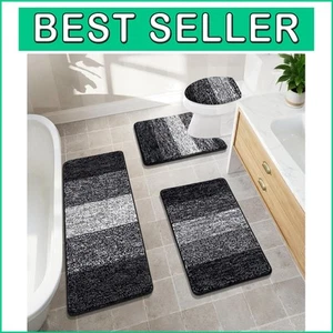 Versatile Non-Slip Bathroom Rug Set - 4 Ultra Soft Microfiber Pieces in Black - Picture 1 of 11