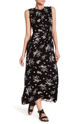 NUEVO Vestido Vince Grande Tirado Floral Negro Seda Drapeado Frontal Foto 1 de 4