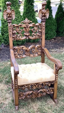 Huge Antique Heavily Carved Eagles European Castle Manor Throne King’s Chair Cover