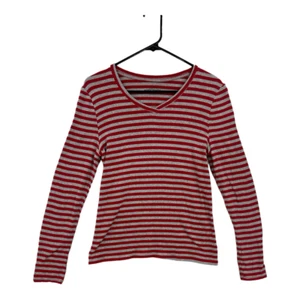 Eddie Bauer Womens T-Shirt Red Gray Striped Long Sleeve V Neck Stretch Knit M - Picture 1 of 6