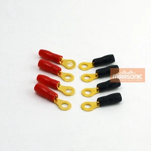 Mirasonic Gold Plated Ring Terminal 14 AWG Gauge #8 Stud 8 pcs (4 RED 4BLACK) - Picture 1 of 7