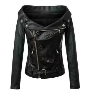 Damen Kunstleder Schulterfrei Club Mode Jacke Punk Gothic Mantel - Bild 1 von 15