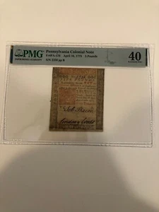 PENNSYLVANIA COLONIAL NOTE 5 POUND 1775 PA-176 PMG 40 - Picture 1 of 6