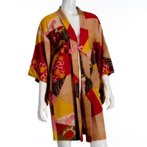 Vintage japanischer asiatischer kurzer Haori-Kimono Seide geometrisch rot orange gelb rosa - Bild 1 von 6