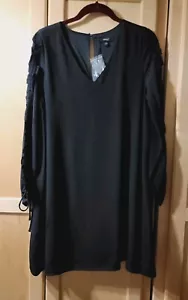 Very J LBD Black Swing Mini VNeck Lined Shift Dress Long Sleeve Ruffles Sz Small - Picture 1 of 14