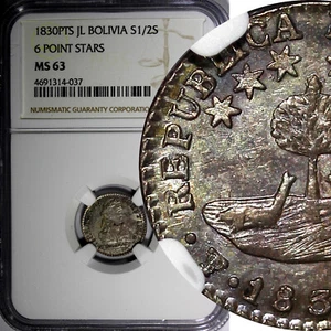 Bolivia Silver 1830 PTS JL 1/2 Sol NGC MS63 6 Stars 1 YEAR TYPE KM# 93.2a (037) - Picture 1 of 5