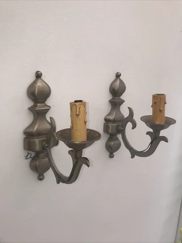 2 French Vintage Brushed Antique nickel wall sconces federal pair Silver Pewter Cover