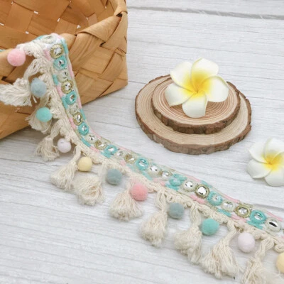 1 Yard Boho Pom Ball Tassel Trim Colorful Fringe Ribbon Fabric Sewing Craft Chic - Image 1 of 4