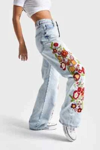 Pantalones de mezclilla para mujer color bordado holgado tiro medio 100 % algodón boho - Imagen 1 de 5