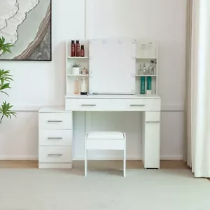 Schminktisch-Set Weiß Eitelkeits Make-up Tisch Set mit 5 Schubladen 6 Regalen - Bild 1 von 8