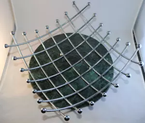 Vintage MCM Metal Fruit Bowl Chrome Silver Ball Feet Atomic Grid Curve 12" x 12" - Picture 1 of 9