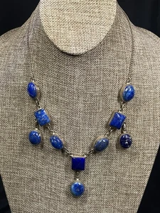 VINTAGE 925 STERLING SILVER LAPIS LAZULI 19” STATEMENT NECKLACE HANDMADE  - Picture 1 of 10