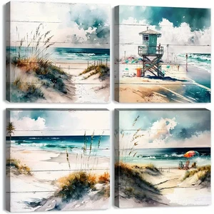 4pcs Teal Blue Beach Scenery Wall Art Canvas Unframed/Framed - Picture 1 of 9
