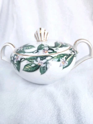 Kent China Orange Blossom Lidded Sugar Bowl VTG White Floral Green Leaves Japan - Image 1 of 4