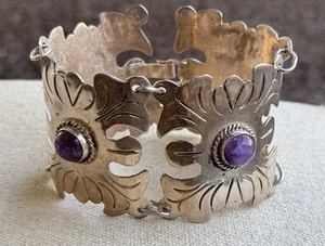 Vintage Sterling Silver Purple Amethyst Wide Link Panel 55.6 gr Bracelet #9 - Picture 1 of 13