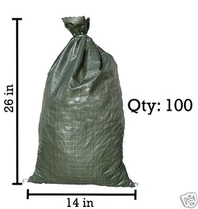 100 Green Sandbags w/ ties 14x26 Sandbag,Bags,Sand Bags,Erosion Control,Barrier - Picture 1 of 10