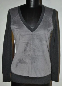 Banana Republic Women's Size S Petite Gray V-Neck Sweater Faux Suede, Wool Blend - Picture 1 of 12