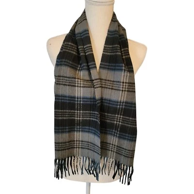 Christian Dior Scarf Unisex Cashmaire 100% Acrylic Black Blue Gray Plaid Fringe  - Image 1 of 3