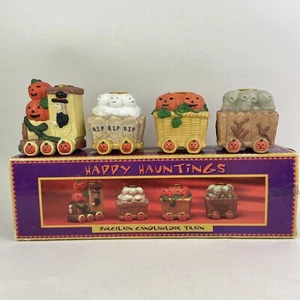 Vtg 1995 Porcelain Candleholder Halloween Train Witch Pumpkin Ghost Skulls Train - Picture 1 of 12