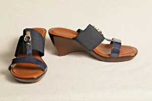 Italian Shoemakers Navy Gold Accents Sandal Wedge Strap Elastic Shoes US 6 ITALY - Picture 1 of 9