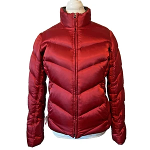 Eddie Bauer roter gefütterter Gänsedaunenmantel 500 Füllung Chevron gesteppte Taschen Vintage neu aus altem Lagerbestand - Bild 1 von 12