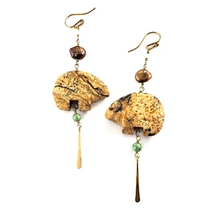 14K Yellow Gold Filled Sterling Silver Dangle Earrings Carved Bear Jasper Pearl - Picture 1 of 8