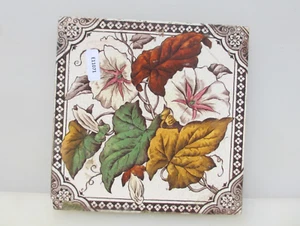 Victorian Ceramic Tile Floral Flowers Leaf Old Antique Art Nouveau 1887 - Picture 1 of 13