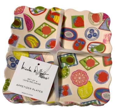 NUEVO CON ETIQUETAS Nicole Miller HOME Juego de 4 Platos de Aperitivo 100% Melamina 6.5 pulgadas Frutas Foto 1 de 4