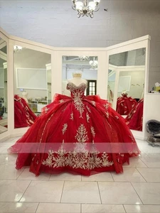 Rote Quinceanera Kleider mit goldenen Applikationen Ballkleid Quaste Perlen süß 16 - Bild 1 von 14
