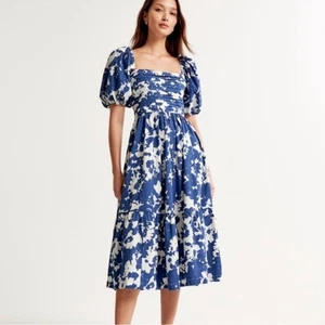 The Abercrombie & Fitch Emerson Poplin Puff Sleeve Midi Dress Blue White size LP - Picture 1 of 10