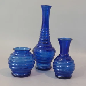 Vintage blu cobalto SET DI 3 vasi in vetro corpo alveare timbro USA - Foto 1 di 10