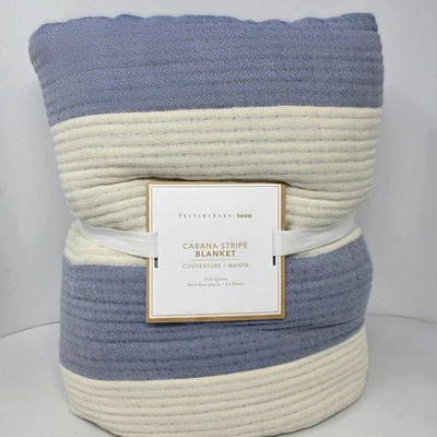 Pottery Barn Teen Cabana Stripe Bed Full/Queen Blanket Blue Stripe NEW Cotton - Image 1 of 3