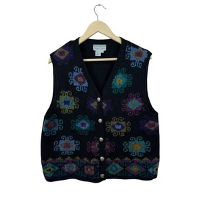 Vintage Nomadic Traders Large Black Wool Sweater Vest Cardigan Womens READ - Picture 1 of 12