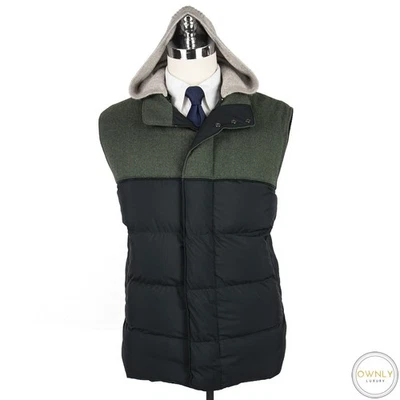 CURRENT Loro Piana Green Wool Cashmere Goose Down Suede Trim Puffer Hood Vest 2X - Image 1 of 4