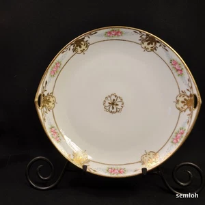 Nippon M-in-Wreath Cake Plate HandPainted Raised Gold Beads Pink Roses 2 Handles - Picture 1 of 12