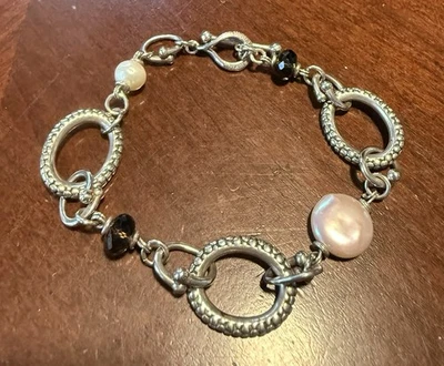 Brazalete Michael Dawkins Plata Esterlina Perla Ovalada y Cuarzo Ahumado Palanca Firmado Foto 1 de 4