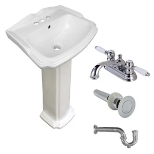 Small White Pedestal Bathroom Sink with Chrome Faucet, Drain and P-Trap - Picture 1 of 6