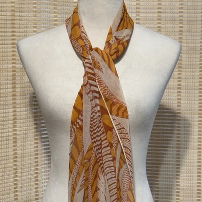 ¿Seda Anne Klein? Bufanda Larga Delgada Rectángulo Ligera Naranja Hojas Plumas Foto 1 de 4