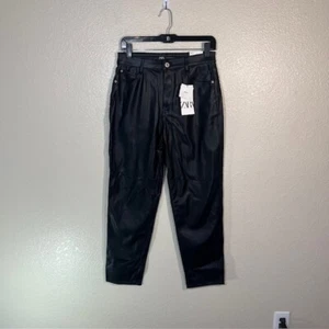 ZARA Faux Leather Jeans Womens 6 (28 x 26.5) Mom Fit Pants Black NEW - Picture 1 of 7