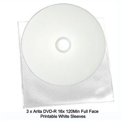 3 x Arita Ritek DVD-R 16x Full Inkjet Printable 4.7GB 120Min Blank Discs Sleeves - Image 1 of 4